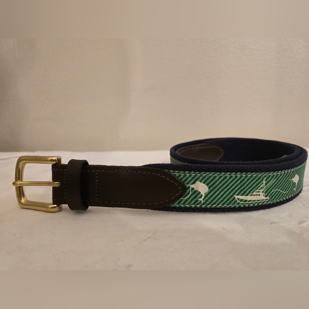 Vineyard Vines Green Ribbon Belt With Fish And Boat Logo With Brown Leather